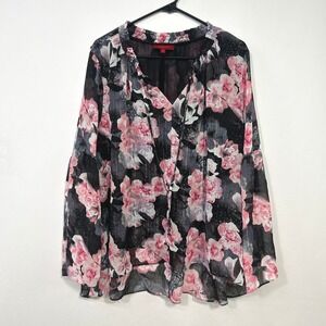 Jennifer Lopez‎ NWT 2X Floral Sheer Blouse Black Pink Metallic Romantic Glam
